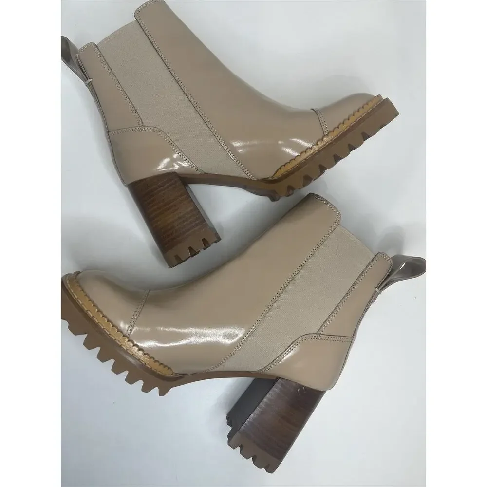 See by Chloé Women's Mallory Block Heel Chelsea Boots Dark Beige Size 37 NWOB